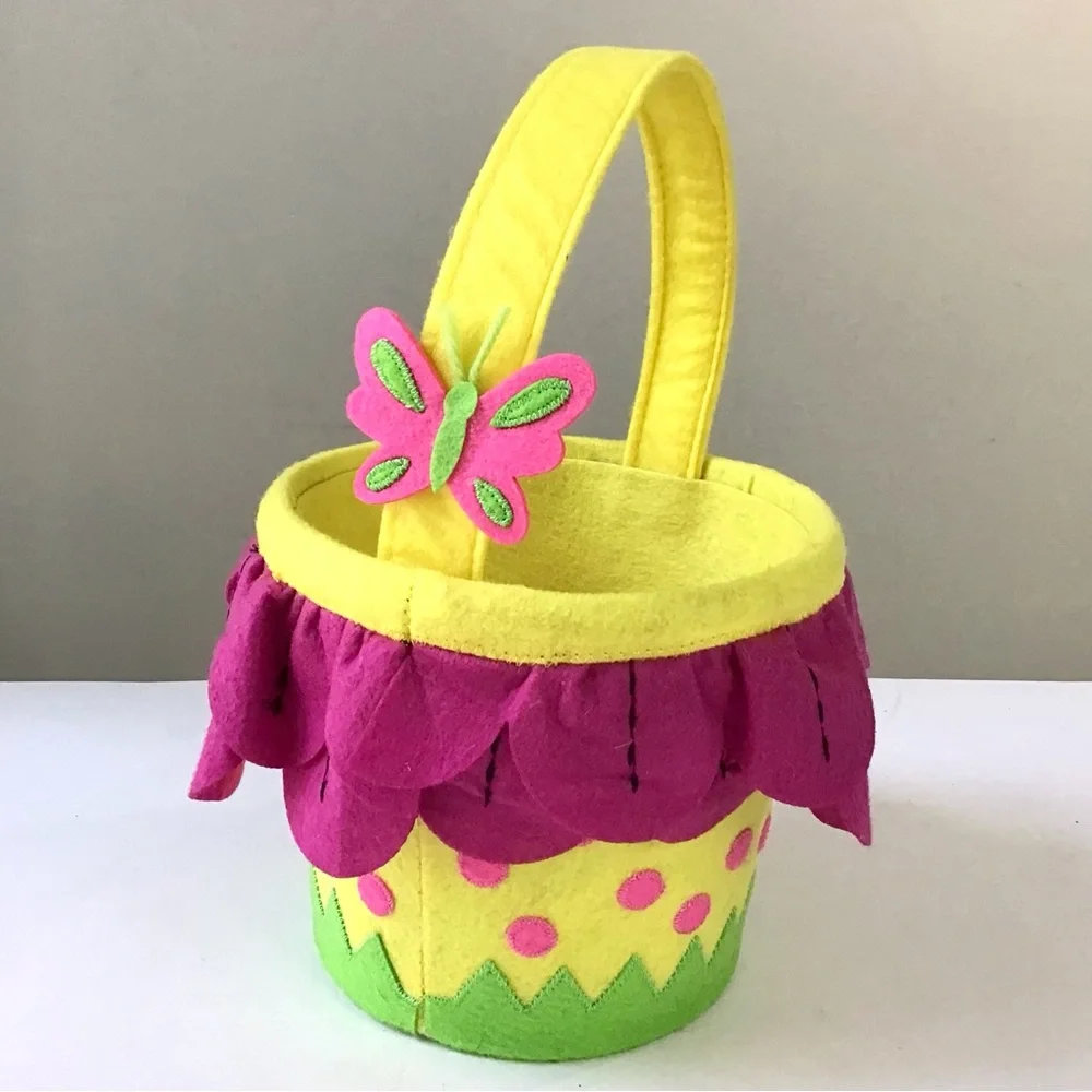 Decorative Felt Basket Bucket with Handle Butterfly Grass Flower Petals Ruffle